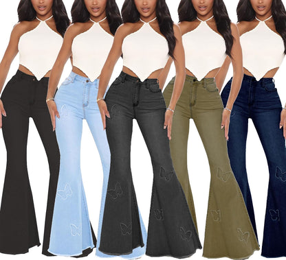 Women's Bell Bottom Jeans Classic Destoryed Ripped Flare Jeans Elastic Waist Raw Hem Denim Pants