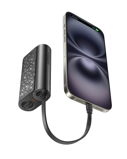 VEGER Compact Portable Charger with Built in Cable(Removable), 10000mAh Cute Power Bank 20W Fast Charging, Sparkling Battery Pack Fashion Travel Accessory Compatible with iPhone 15/14, Android-Purple