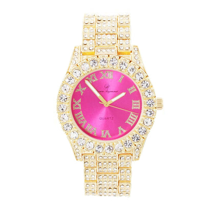 Charles Raymond Women's Big Rocks Bezel Colored Dial with Roman Numerals Fully Iced Out Watch - ST10327LA
