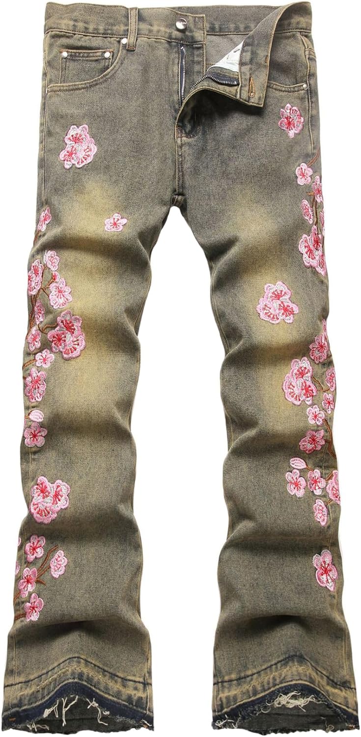 Baylvn Men's Designer Straight Slim Fit Patchwork Jeans Comfort Skinny Biker Denim Pants