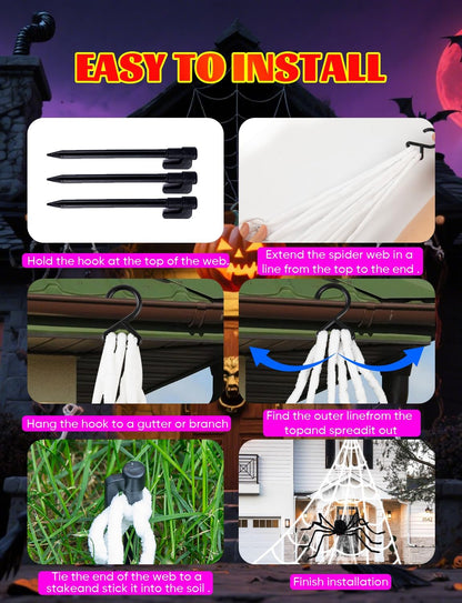 Spider Webs Halloween Decorations Lights - 250 LEDs Outdoor Halloween String Lights with 60" Light Up Spider,8 Modes Remote Control 16.4Ft Spiderweb,Waterproof (Orange+Purple)