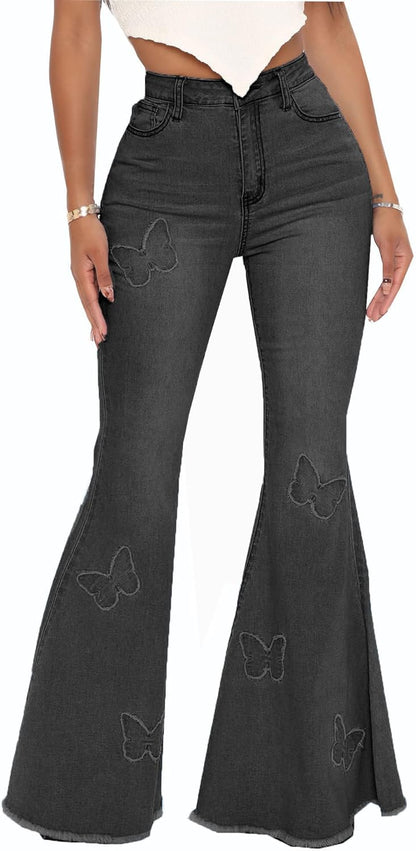 Women's Bell Bottom Jeans Classic Destoryed Ripped Flare Jeans Elastic Waist Raw Hem Denim Pants