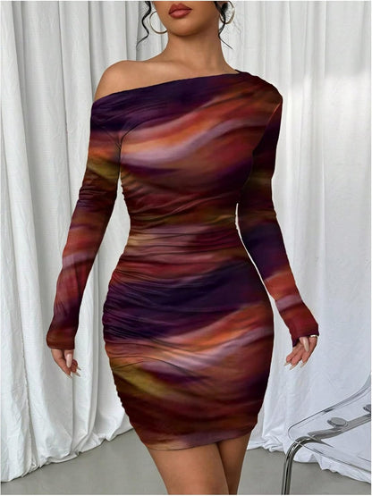 Women's Off Shoulder Ombre Tie Dye Bodycon Dress Long Sleeve Slim Fit Pencil Mini Dresses