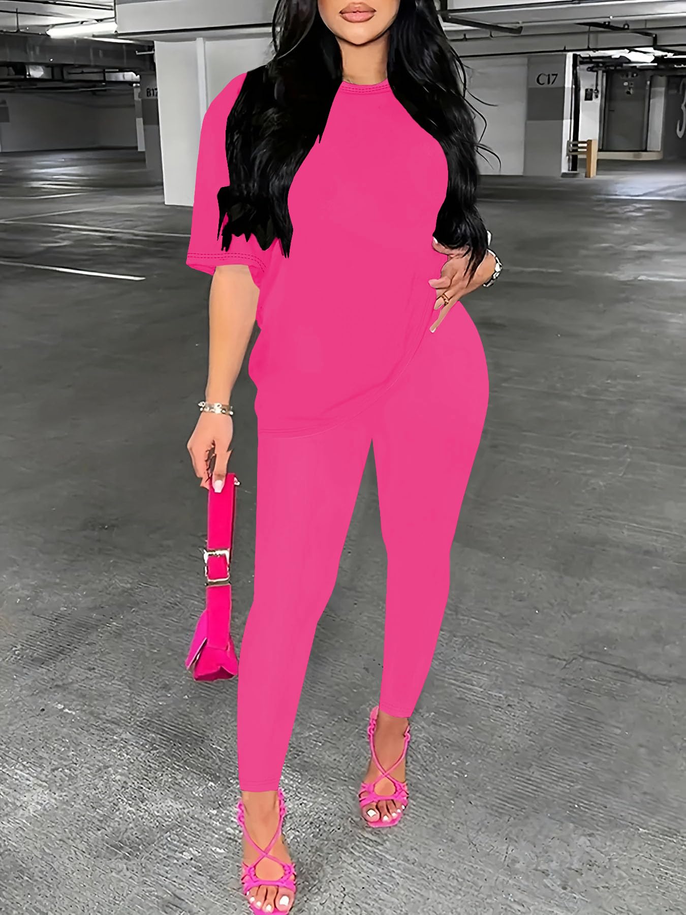 Nimsruc Women 2 Piece Outfits Summer Lounge Set Matching Jogger Sets Short Sleeve Tracksuit Loungewear Sweatsuits