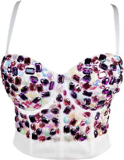 Women's Handmade Rhinestone Diamond Push up Bustier Crop Top Punk Corset Bra Vest