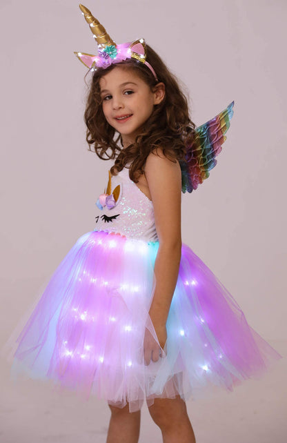 Soyoekbt Girls Unicorn Costume LED Light Up Unicorn Dress Birthday Party Princess Dress for Halloween Party