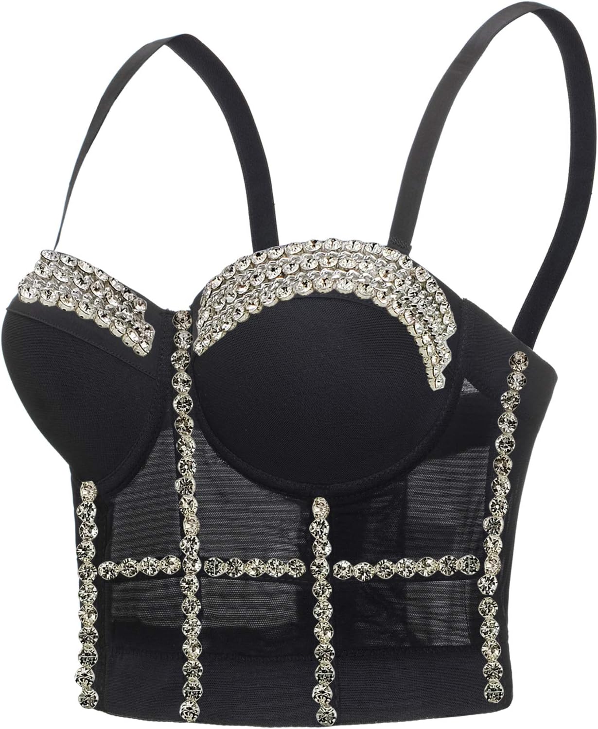Women's Handmade Rhinestone Diamond Push up Bustier Crop Top Punk Corset Bra Vest
