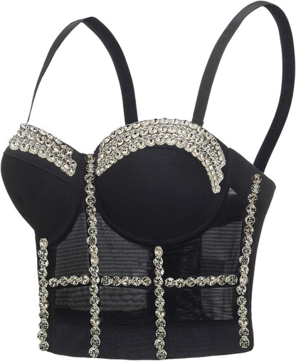 Women's Handmade Rhinestone Diamond Push up Bustier Crop Top Punk Corset Bra Vest