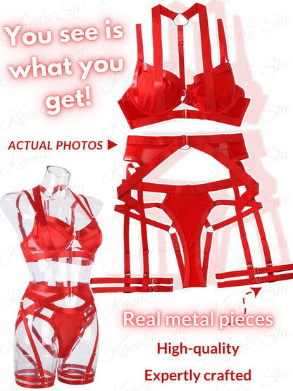 Kaei&Shi Strappy Harness, All Adjustable, Underwire Racerback, 4pc Garter Set
