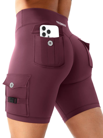 YEOREO CoreFlex Women Workout Biker Shorts with Cargo Pockets Hidden Scrunch High Waisted 8" Inseam Gym Shorts