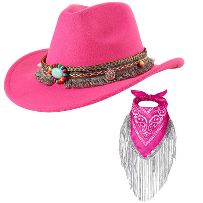 Ibeauti Cowboy Hat with Fringed Bandana Set for Women Wide Brim Western Cowgirl Hat Paisley Head Wrap Scarf