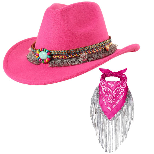 Ibeauti Cowboy Hat with Fringed Bandana Set for Women Wide Brim Western Cowgirl Hat Paisley Head Wrap Scarf