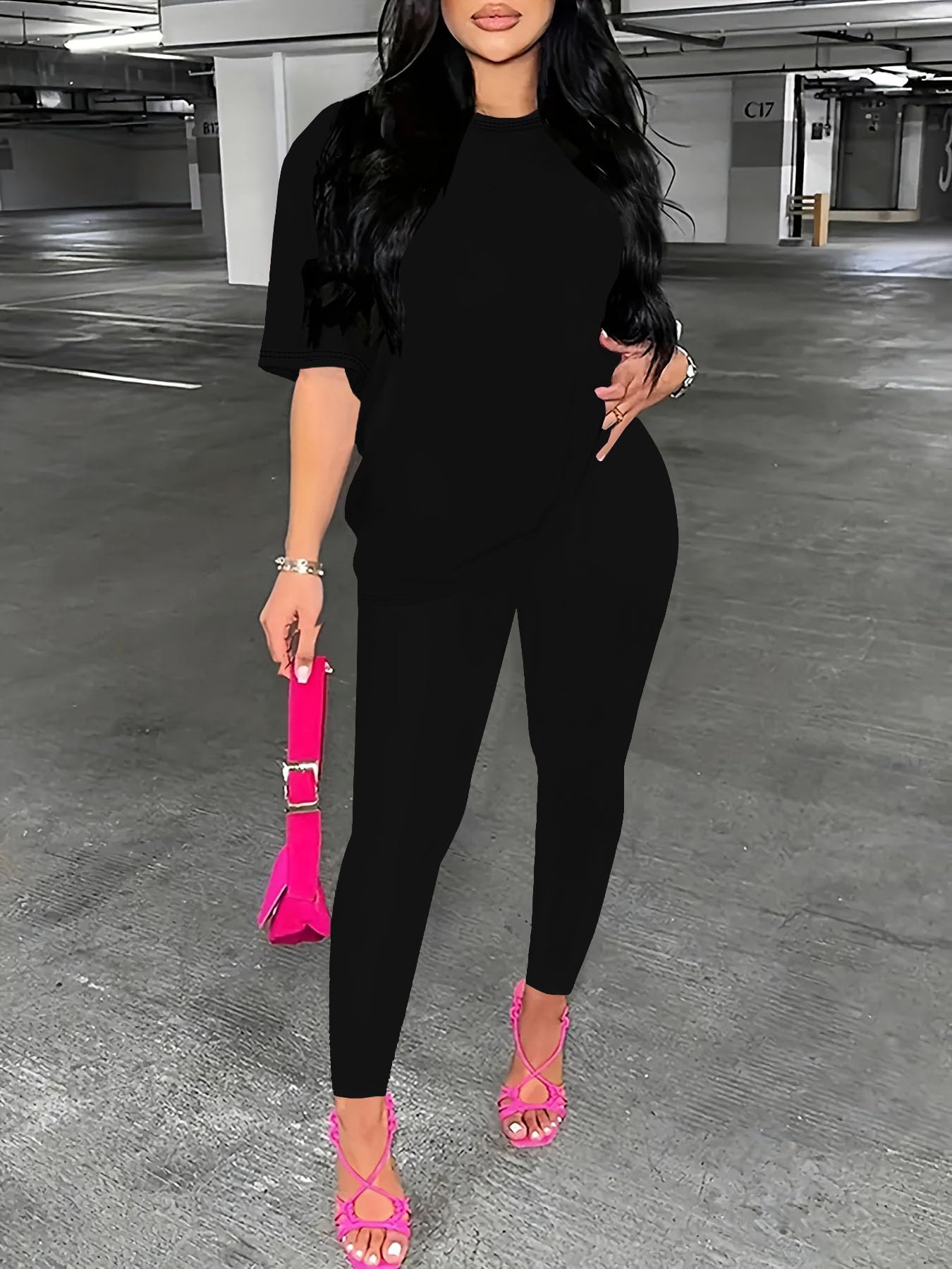 Nimsruc Women 2 Piece Outfits Summer Lounge Set Matching Jogger Sets Short Sleeve Tracksuit Loungewear Sweatsuits