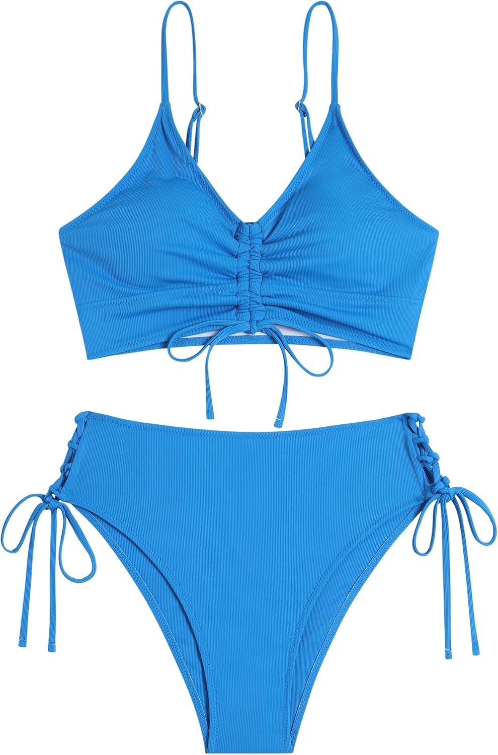 ZAFUL Women V Neck Bikini Set Ruched Tie Front High Waisted Floral Print Ribbed 2 Piece Bathing Suit Swimsuits