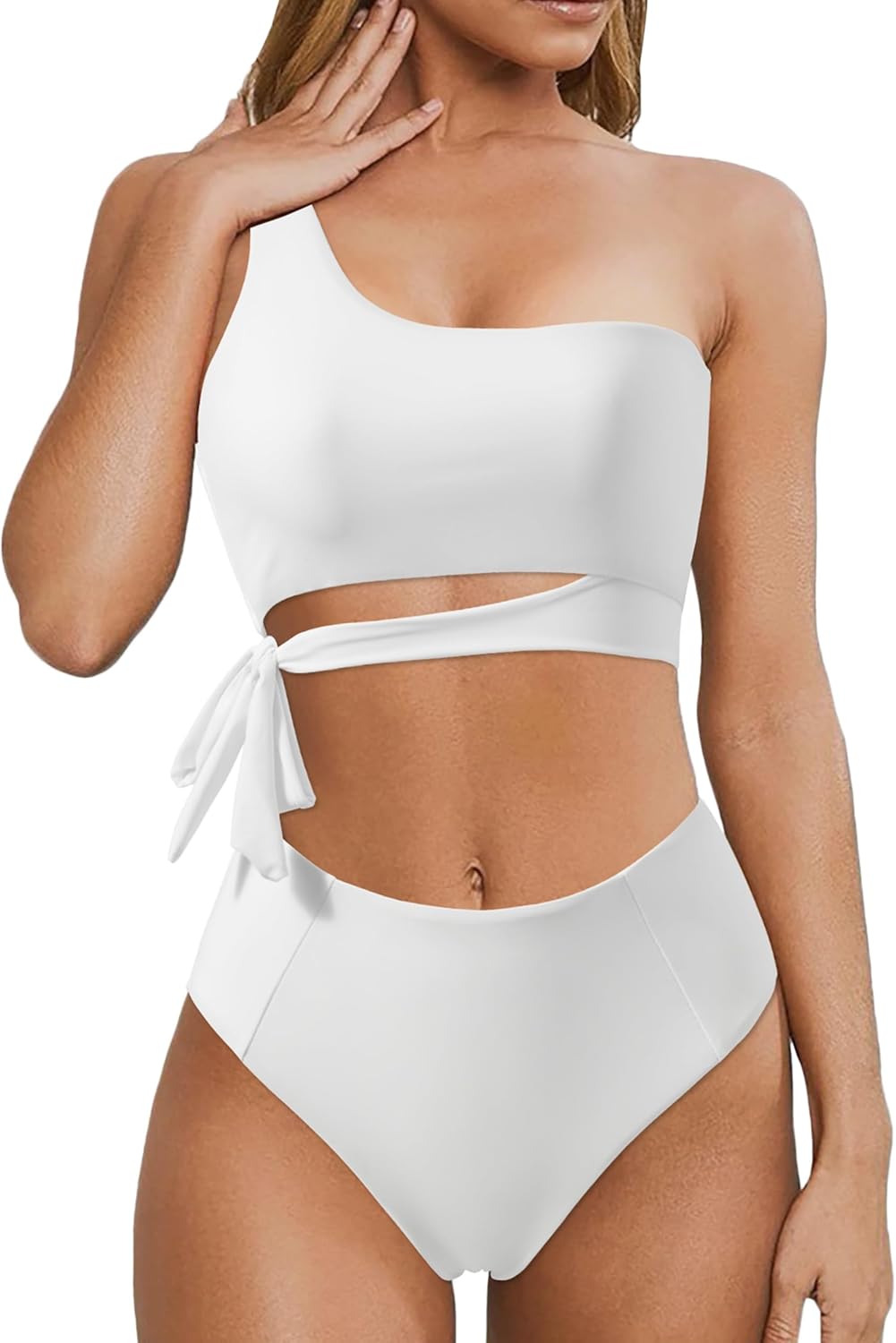 MOOSLOVER Women One Shoulder High Waisted Bikini Tie High Cut Two Piece Swimsuits