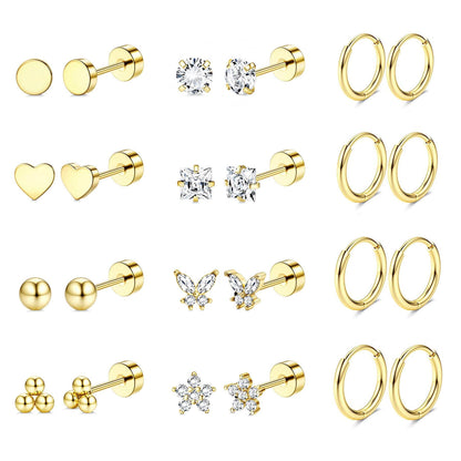 Jstyle Hypoallergenic Surgical Steel Earrings for Sensitive Ears 14K Gold Flat Back Earrings for Women Men Small Stainless Steel Earrings Flatback Stud Hoop Cartilage Earring Set for Multiple Piercing