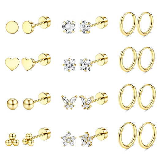 Jstyle Hypoallergenic Surgical Steel Earrings for Sensitive Ears 14K Gold Flat Back Earrings for Women Men Small Stainless Steel Earrings Flatback Stud Hoop Cartilage Earring Set for Multiple Piercing