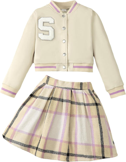 Girls 2 Piece Outfits Skirt Set Button up Jacket Sweatshirt and Pleated Mini Skirts Fall Winter Clothes Size 7-14Y