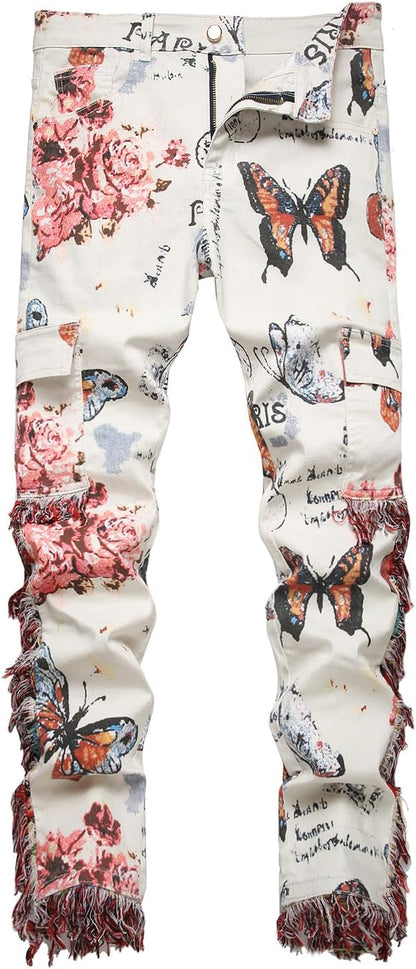 Baylvn Men's Designer Straight Slim Fit Patchwork Jeans Comfort Skinny Biker Denim Pants