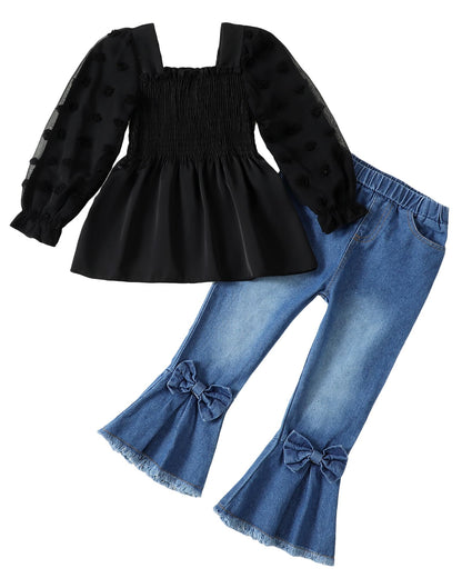 Kucnuzki Toddler Kids Girls Clothes Short Sleeve Shirt Top Flare Denim Jeans 2 Piece Outfits For Girls Cute Clothing Set