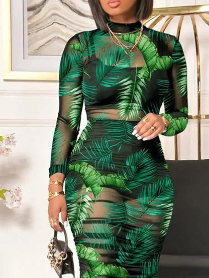 Women Sexy See Through Mesh Long Sleeve Ruched Midi Dresses Crop Top Bodycon Skirt 3 Piece Outfits Set Clubwear