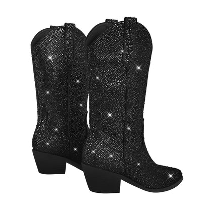 Richealnana Sparkly Rhinestones Cowboy Cowgirl Style Boots Calf High Boots for Women 2INCH Heeled Shining Pull On Tabs