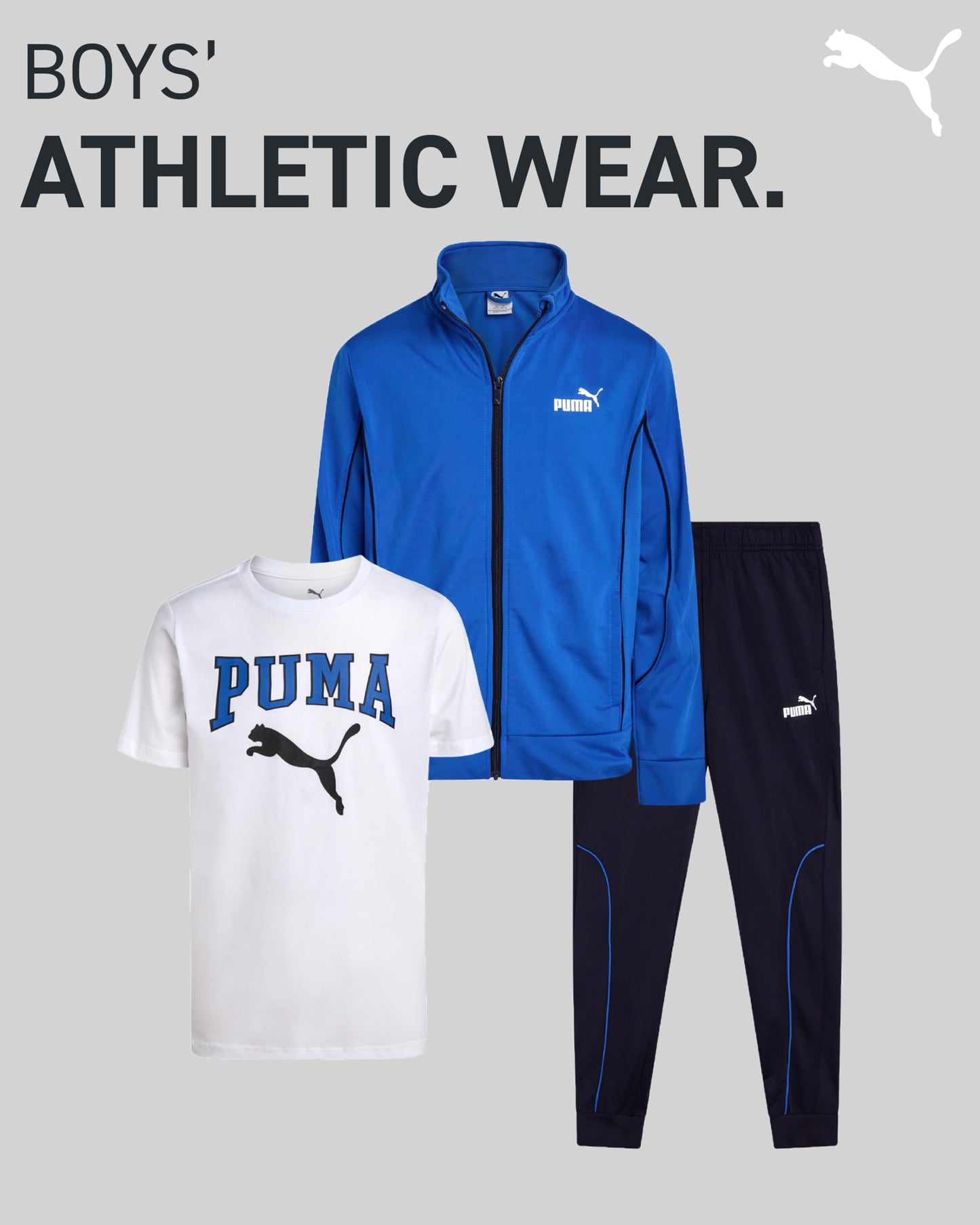 PUMA Boys Pants Set - 3 Piece Athletic T-Shirt, Zip Up Jacket, Jogger Pants - Boys Activewear Tricot Jogset (8-16)