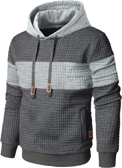 Men’s Sweatshirts Long Sleeve Pullover Patchwork Plaid Jacquard Hoodie Casual Drawstring Hoody Top