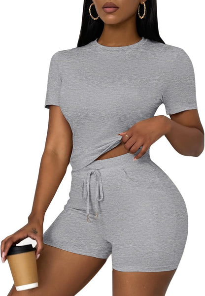 LovelyWholesale Women's Summer 2 Piece Outfits Skinny Shorts Tracksuit Sets