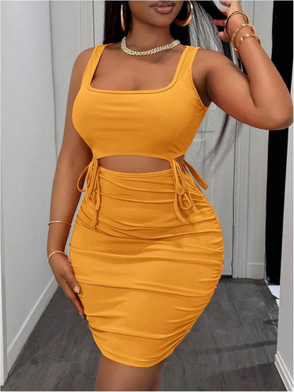 Floerns Women's Going Out Mini Dress Sleeveless Cut Out Tie Front Ruched Club Bodycon Dresses