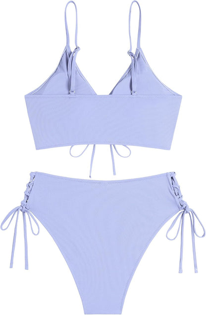 ZAFUL Women V Neck Bikini Set Ruched Tie Front High Waisted Floral Print Ribbed 2 Piece Bathing Suit Swimsuits