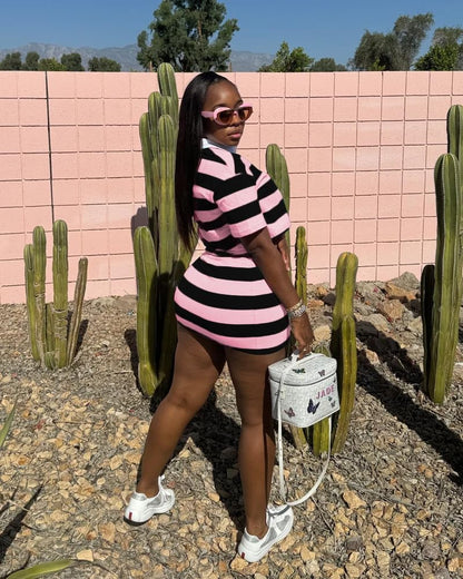 HBQ Women's Casual Two Piece Skirt Sets Polo Collar Crop Top Striped Mini Dress Summer Vacation-Stripe