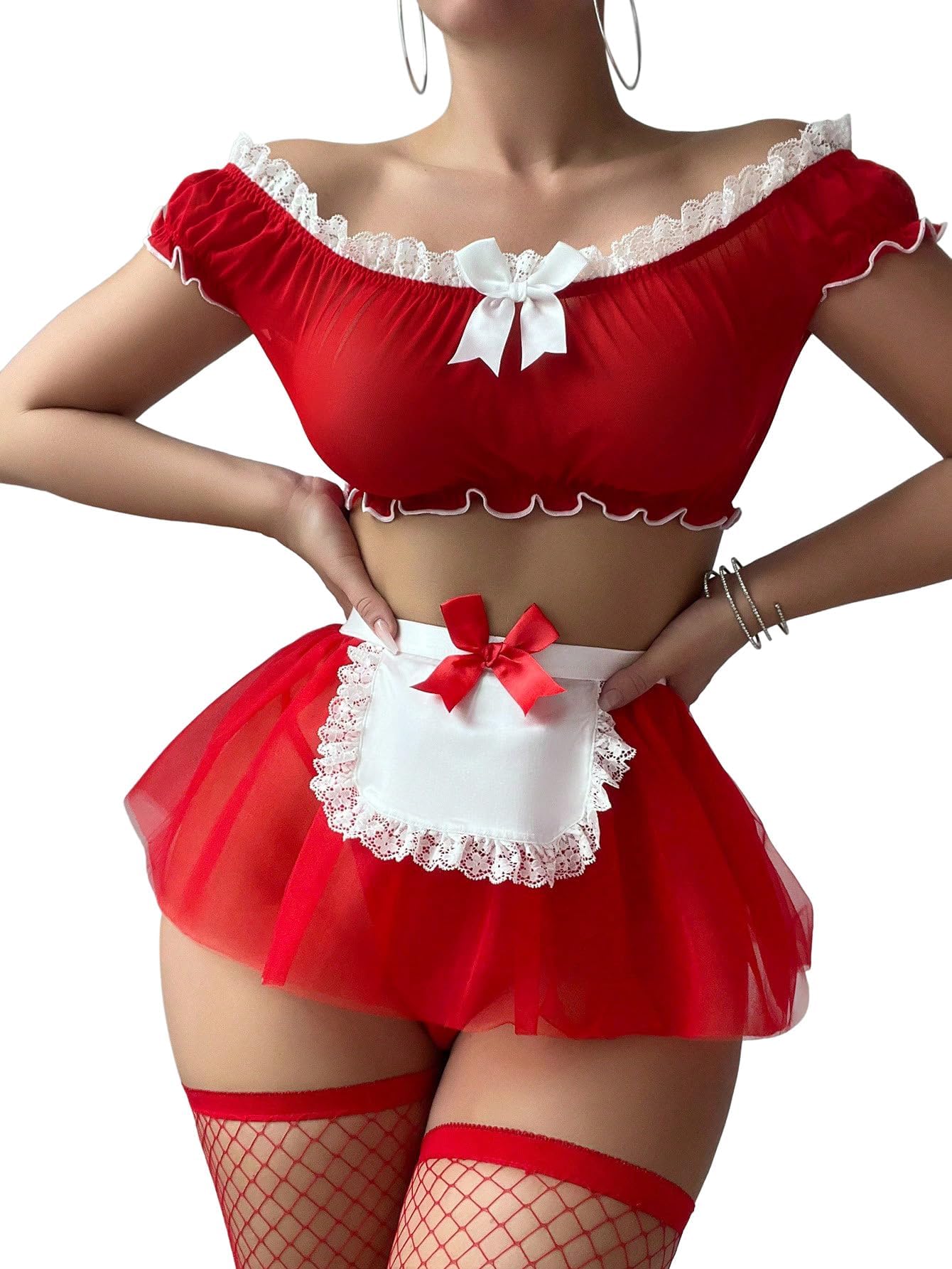 Sexy Stockings Mini Skirt Mesh Sheer Lace Costume Outfit Lingerie with Thong Set 4 Piece