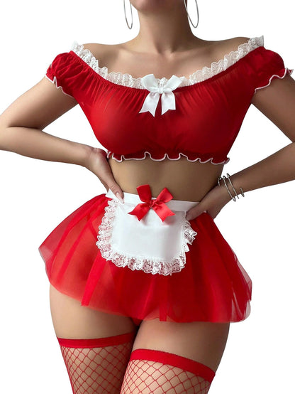 Sexy Stockings Mini Skirt Mesh Sheer Lace Costume Outfit Lingerie with Thong Set 4 Piece