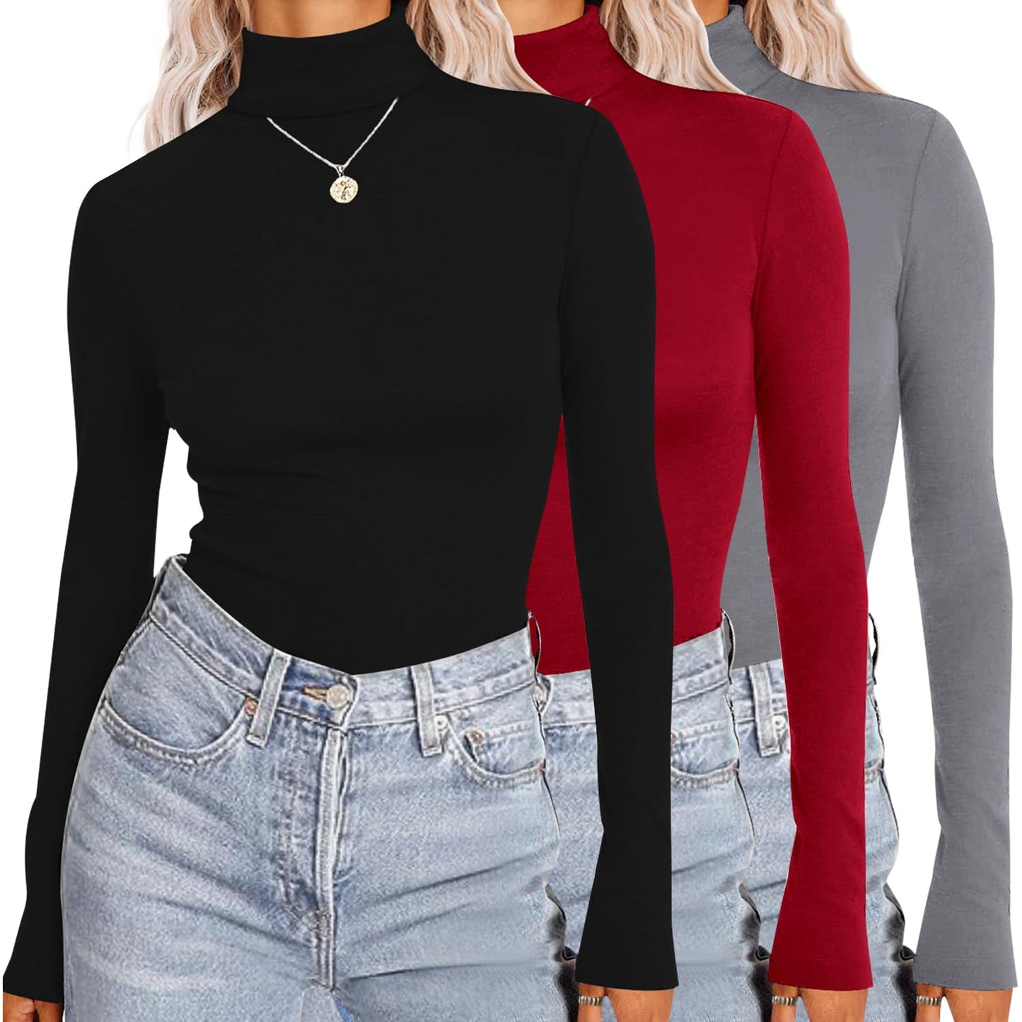 Ekouaer Womens 3 Piece Turtleneck Long Sleeve Shirts Lightweight Basic Slim Fit Soft Thermal Underwear Tops (S-XXL)