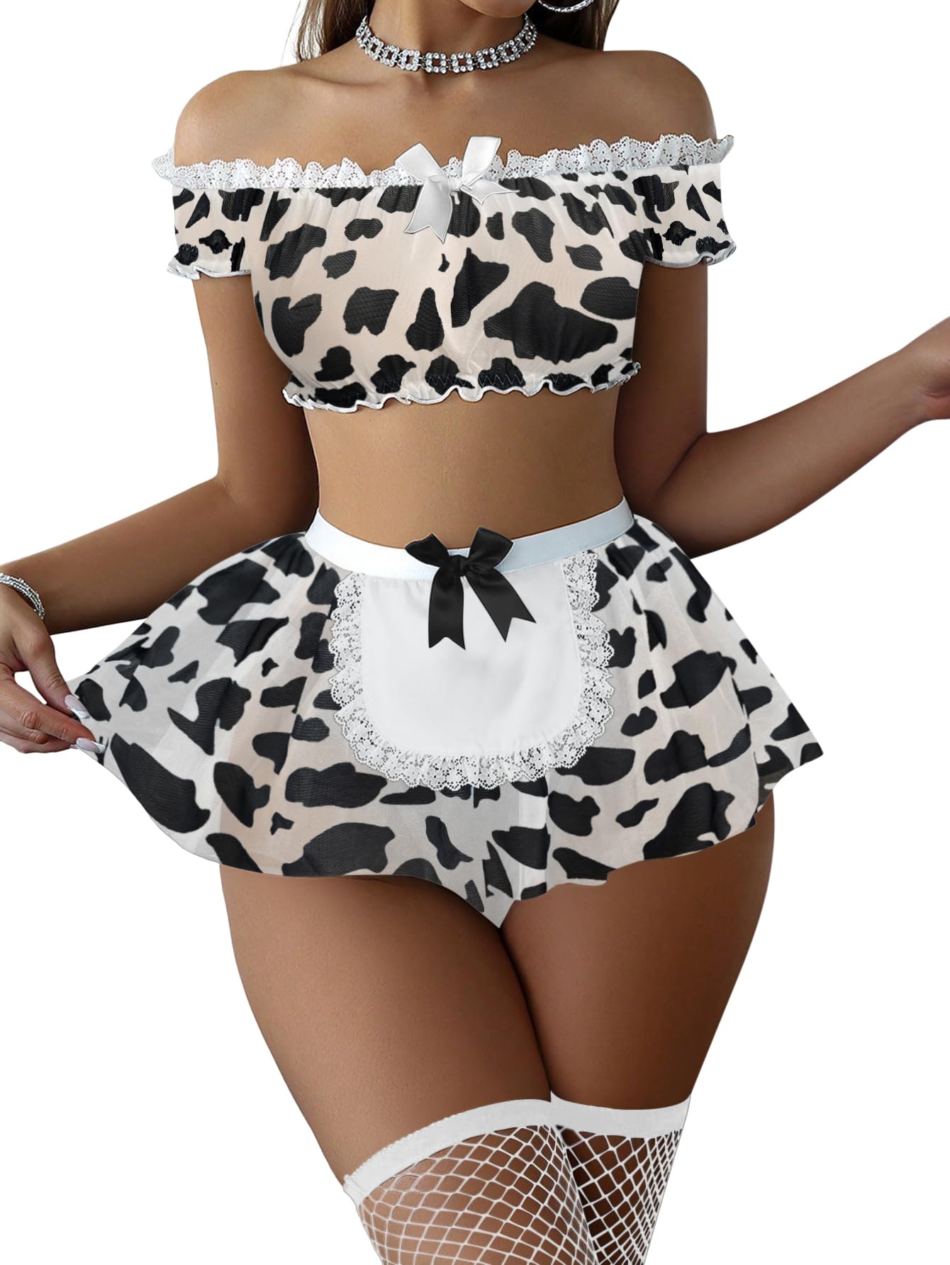 Sexy Stockings Mini Skirt Mesh Sheer Lace Costume Outfit Lingerie with Thong Set 4 Piece