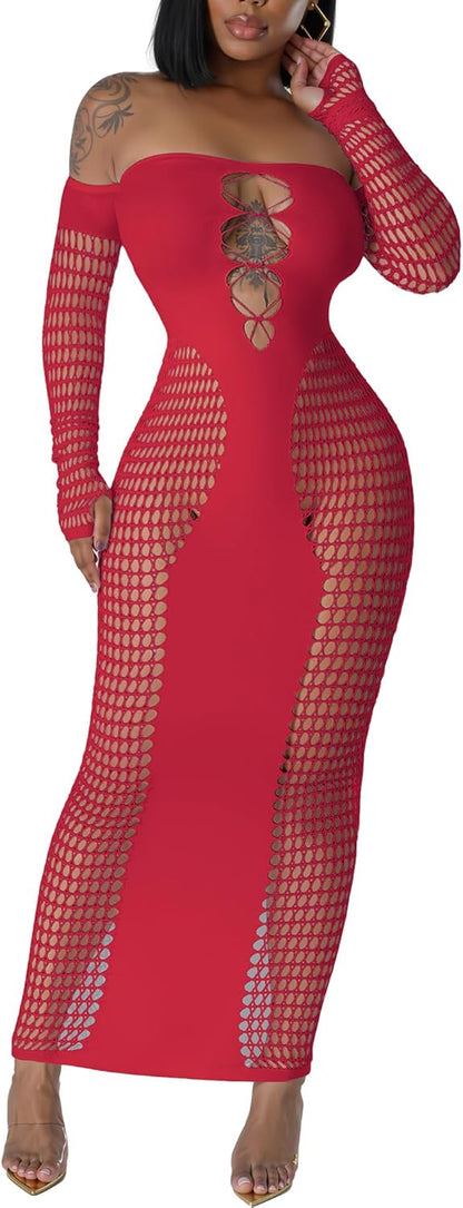 Women's Dress Sexy Club Dress Elegant Long Sleeve Off Shoulder Hollow Out Mesh Bodycon Party Dresses