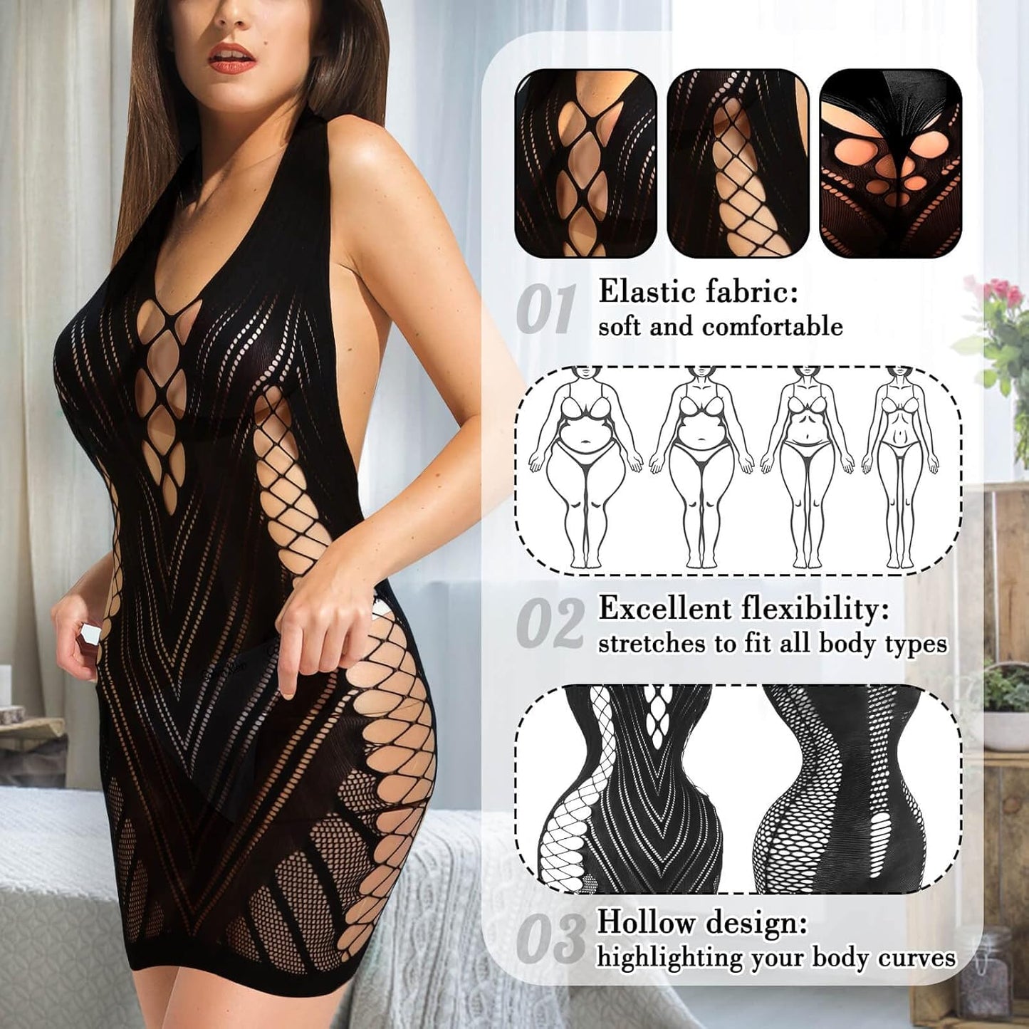 selizo Fishnet Lingerie Dress for Women, Black Fish Net Bodysuit Sexy Chemise Teddy Naughty Women's Mesh Lace Body Stockings