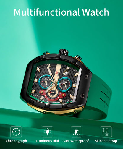 Watches for Men Analog Quartz Waterproof Sport Men’s Watch Tonneau Chronograph Luminous Fashionable Unique Casual Watch with Silicone Strap