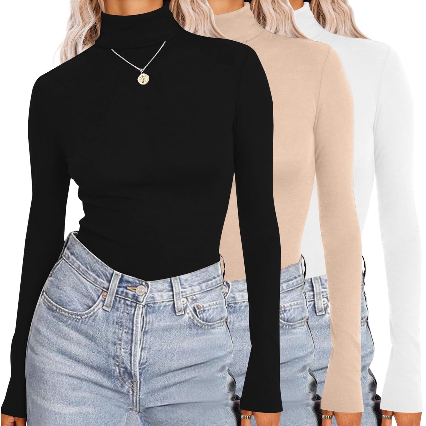 Ekouaer Womens 3 Piece Turtleneck Long Sleeve Shirts Lightweight Basic Slim Fit Soft Thermal Underwear Tops (S-XXL)
