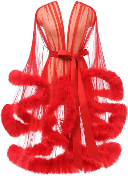 Tulle Feather Robe Sexy Sheer Mesh Fur Bridal Illusion Boudoir Bathrobe Nightgown Christmas Lingerie