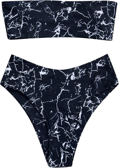 OMKAGI Women Bandeau Bikini Swimsuits Cheeky Off Shoulder Bathing Suit
