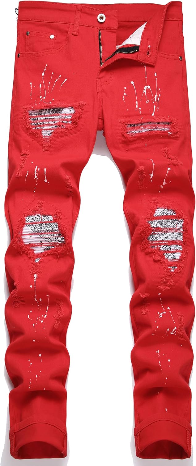 OIIIO Men's Patch Ripped Stretch Regular Fit Jean