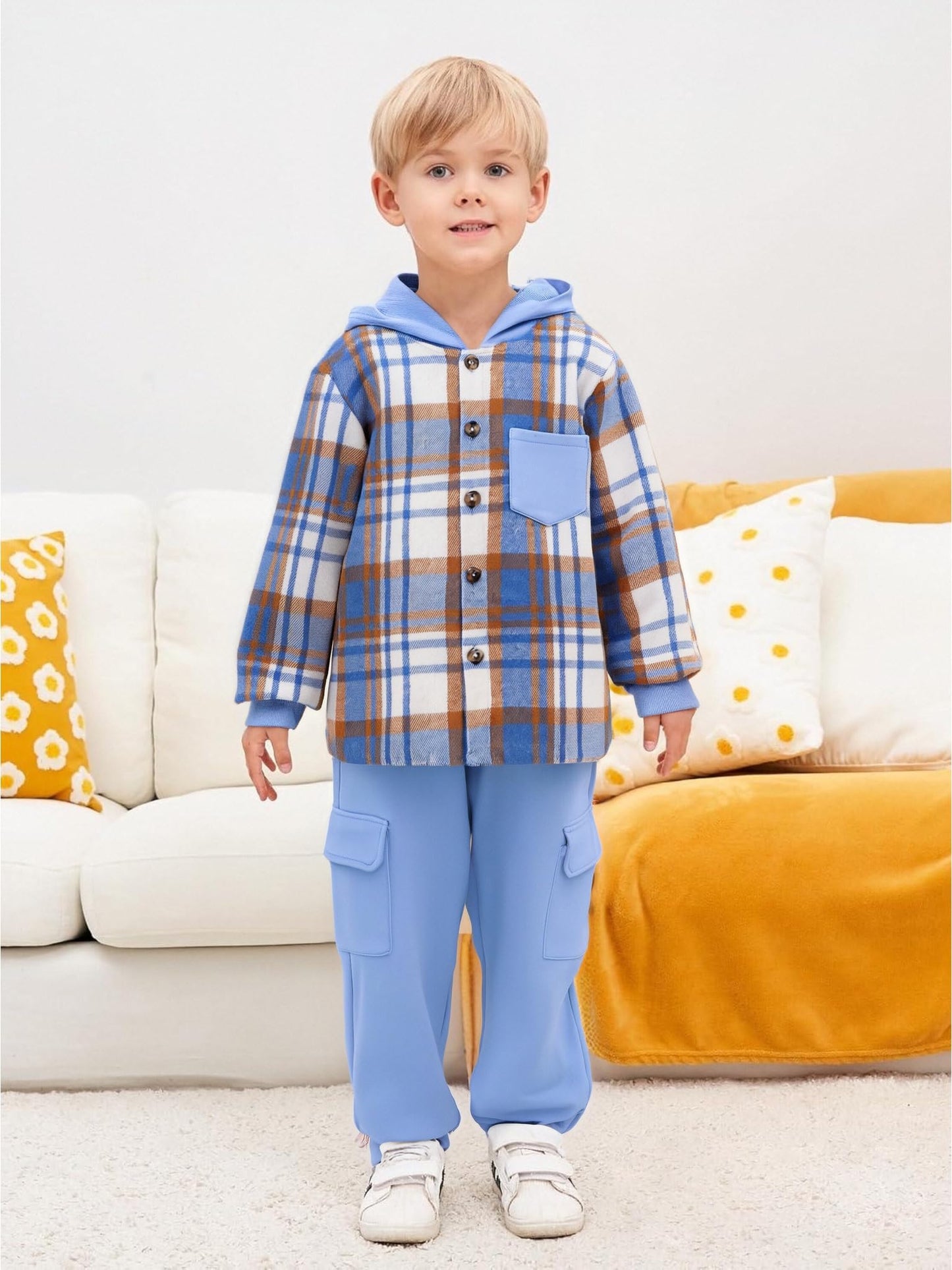 Boys Clothes Fall Winter Outfits, Toddler Boy Sweatsuit Plaid Hoodie Pants Clothing Set For Kids Boys Size 5-12 Years