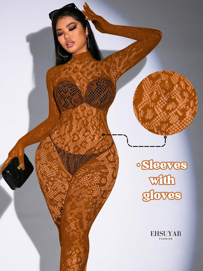 Sexy Lace Leopard Jumpsuit For Women, Fishnet Bodysuit Glow Party Club, Poster One Piece Mesh Full Body Rave Outfits