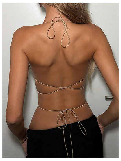 SweatyRocks Women's Glitter Rhinestone Criss Cross Halter Tops Backless Sleeveless Asymmetrical Party Crop Tops