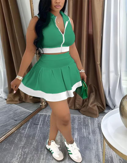Tennis Outfit Skirt Sets Women 2 Piece Outfits Zipper V Neck Crop Tops and Pleated Skirt Set Summer Tracksuits