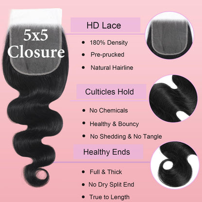 12A Human Hair Bundles with Closure Body Wave Bundles 20 22 24+18 Inch 5X5 HD Lace Closure Human Hair 100% Brazilian Virgin Hair Extensions 3 Bundles Deals Hair Quick Weave Bundle for Women