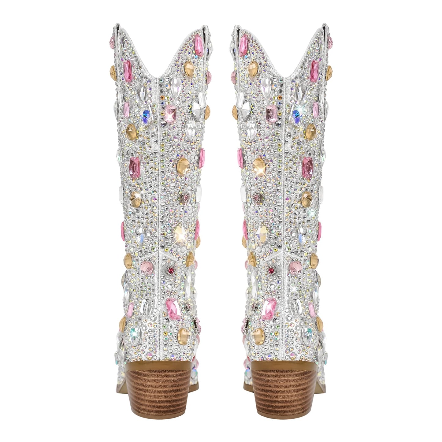 Richealnana Sparkly Rhinestones Cowboy Cowgirl Style Boots Calf High Boots for Women 2INCH Heeled Shining Pull On Tabs