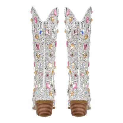 Richealnana Sparkly Rhinestones Cowboy Cowgirl Style Boots Calf High Boots for Women 2INCH Heeled Shining Pull On Tabs